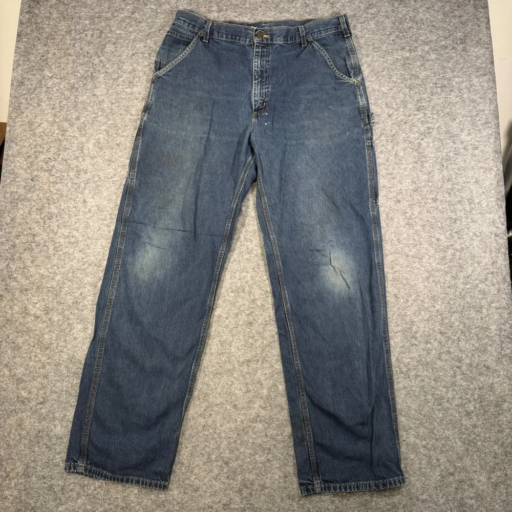 Carhartt B13HDK Mens 36x34 Blue Denim Loose Fit Carpenter Work Pants Jeans